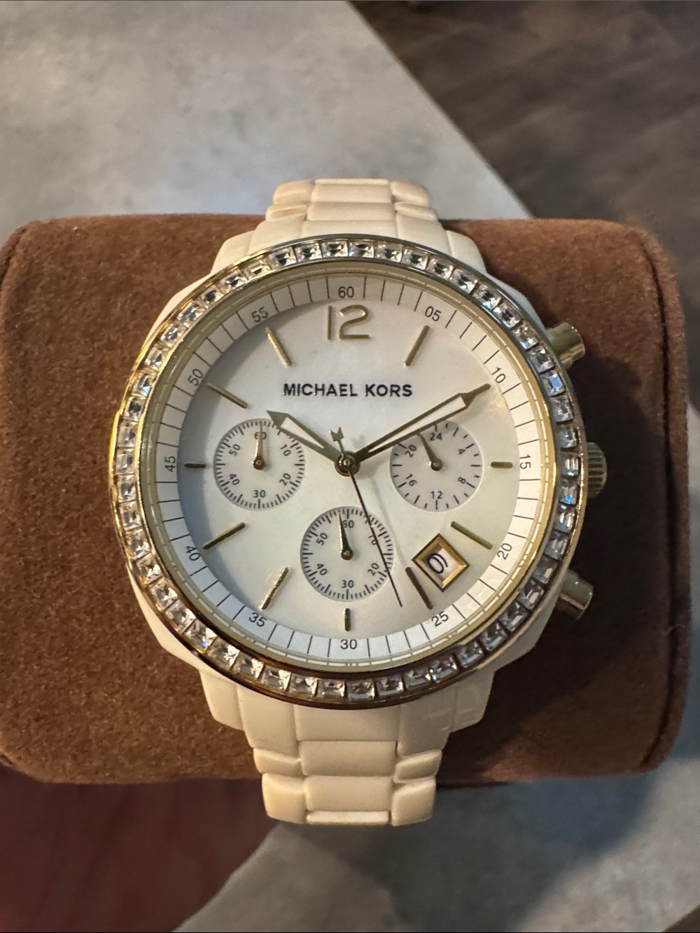 Michael Kors Cream and Gold Crystal-Trim Chronograph Watch